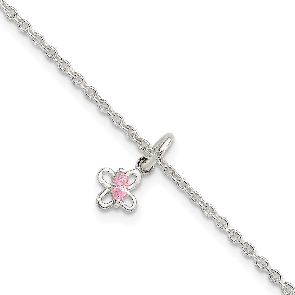 Sterling Silver Polished Pink CZ Butterfly w/ 1.5in Ext. Children's Bracele (1.8 grams)