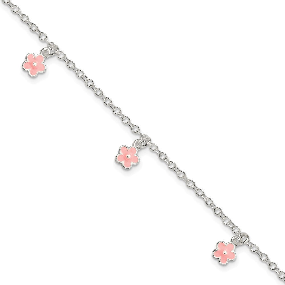 Sterling Silver Polished Pink Enamel Flowers w/1.5in Ext Children's Bracele (3.47 grams)