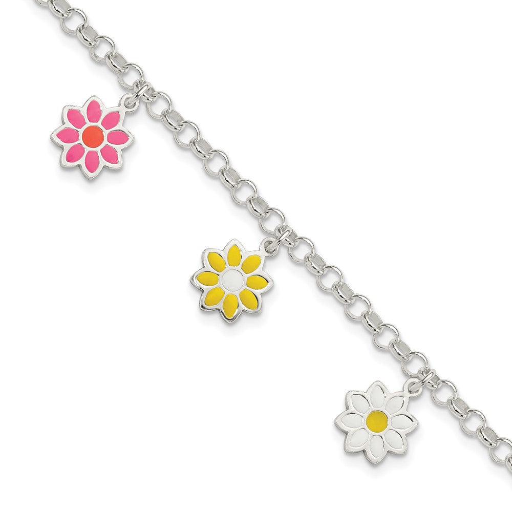 Sterling Silver Polished Multi-color Enamel Flowers Children's Bracelet (5 grams)