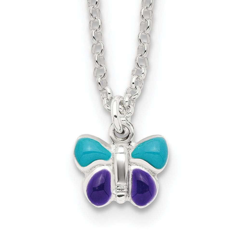 Sterling Silver Polished Enameled Butterfly w/1.5in ext Children's Necklace (3.09 grams)