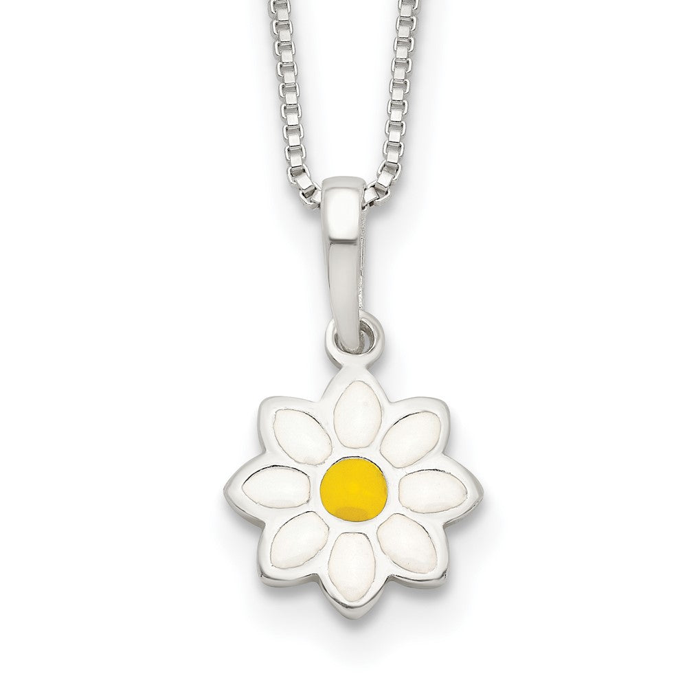 Sterling Silver Polished Yellow & White Enamel Flower Children's Necklace (2.59 grams)