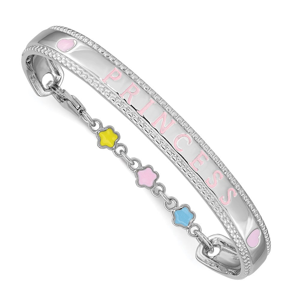 Sterling Silver Rhodium-plated Enamel PRINCESS w/Chain Baby Bangle (6.37 grams)