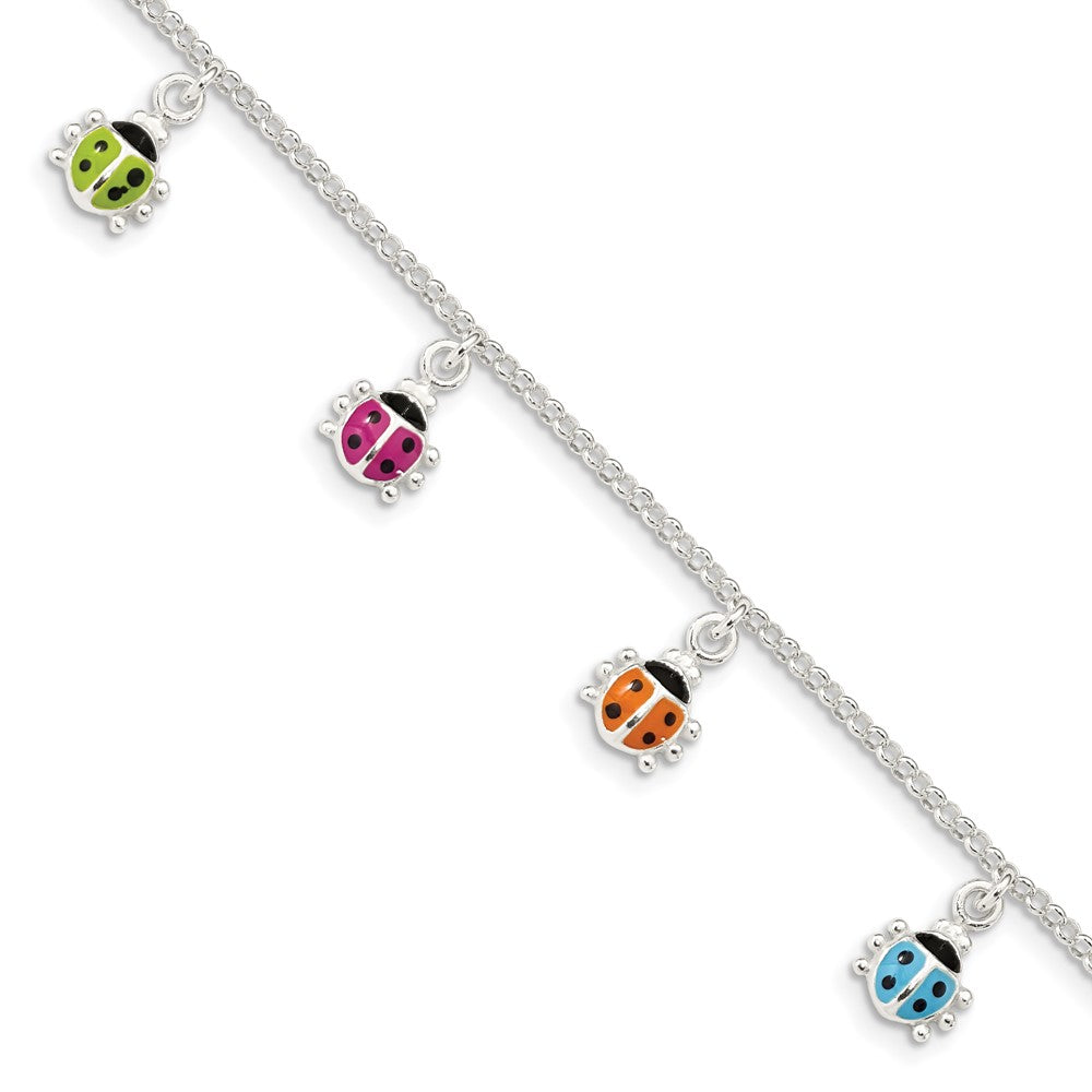 Sterling Silver Polished Multi-color Enameled Ladybugs Children's Bracelet (4.3 grams)