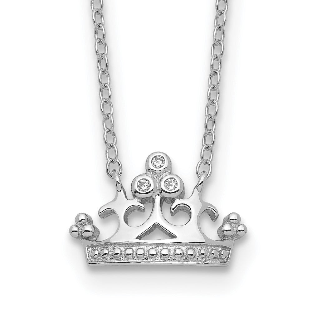 Sterling Silver RH-plated Polished & Beaded CZ Crown w/2in ext. Necklace (1.51 grams)