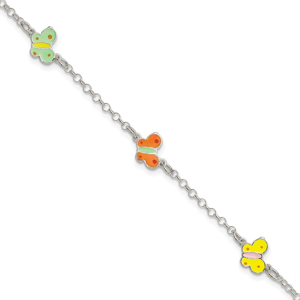 Sterling Silver Polished Multi-color Enamel Butterflies Children's Bracelet (2.61 grams)