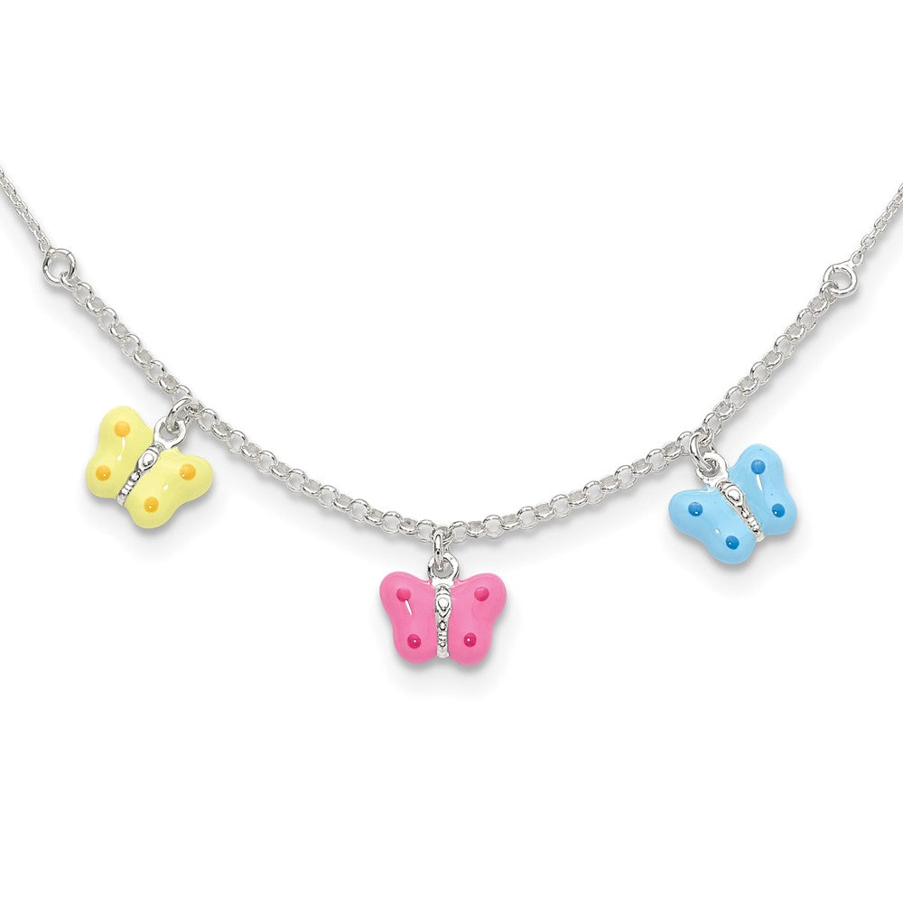 Sterling Silver Polished Enameled Three Butterfly Children's Necklace (2.9 grams)