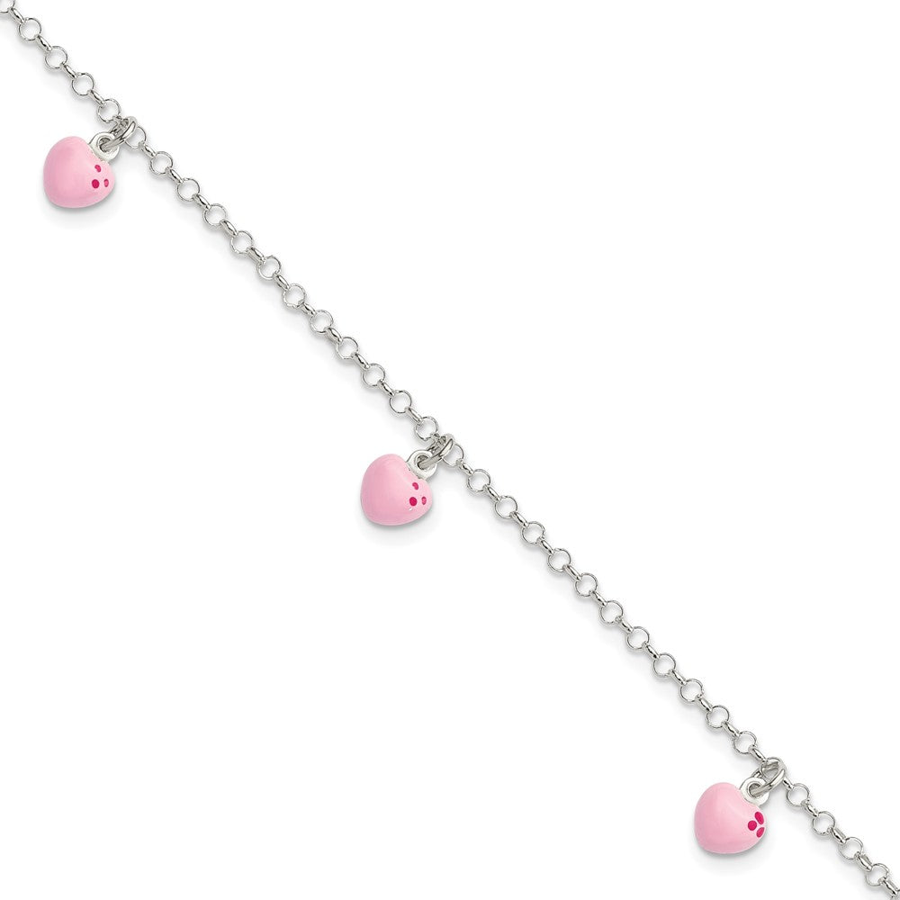 Sterling Silver Polished Pink Enameled Hearts Children's Bracelet (2.21 grams)