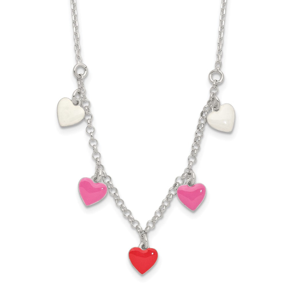 Sterling Silver Polished Pink/Red/White Enamel Heart Children's Necklace (3.07 grams)