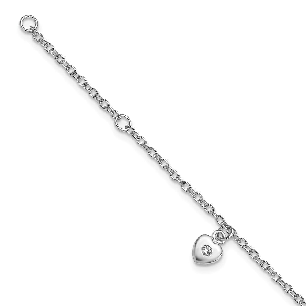 Sterling Silver RH-plated Polished CZ Heart w/ 1in ext. Children's Bracelet (1.4 grams)