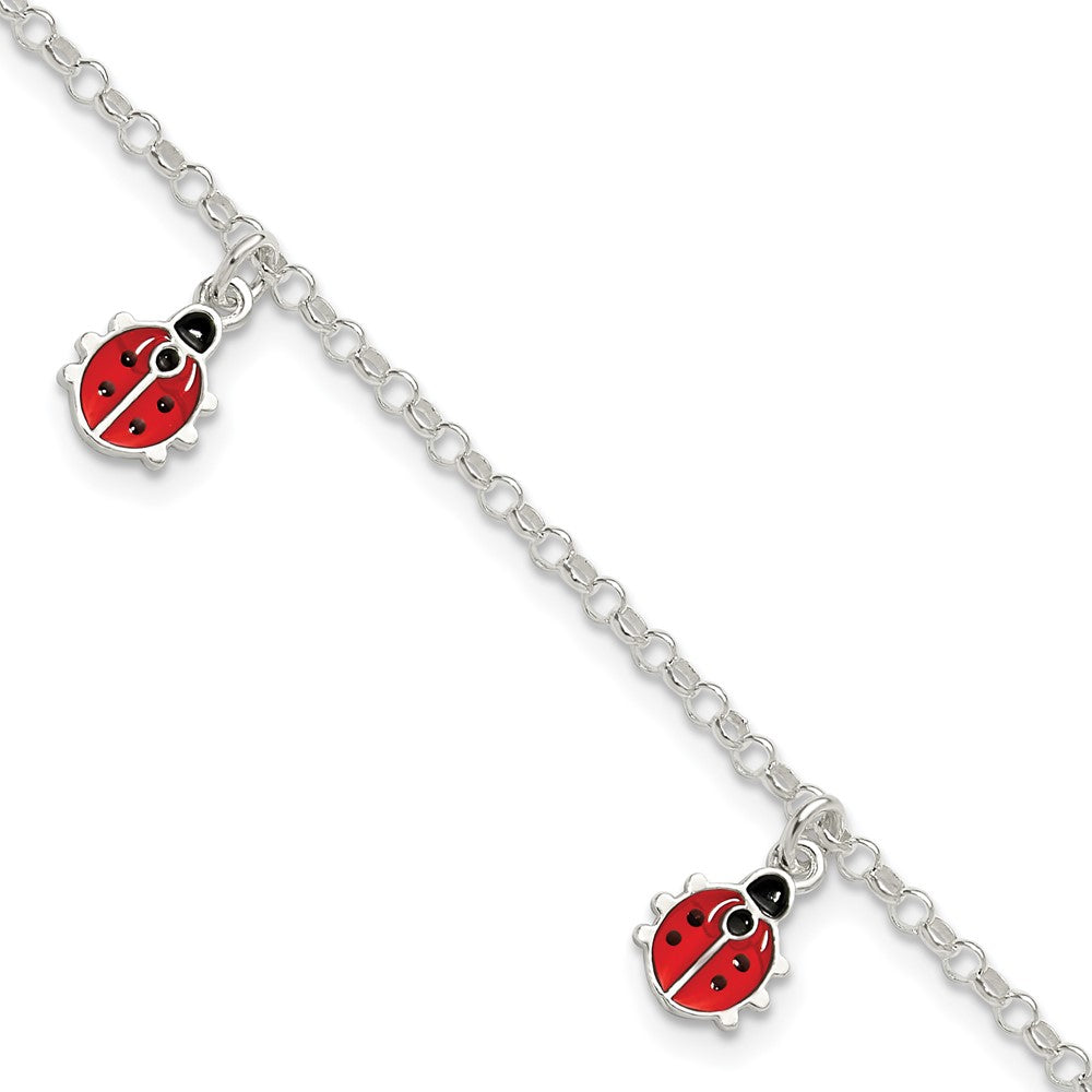 Sterling Silver Polished Enameled Ladybugs w/ 1in ext. Children's Bracelet (3.19 grams)