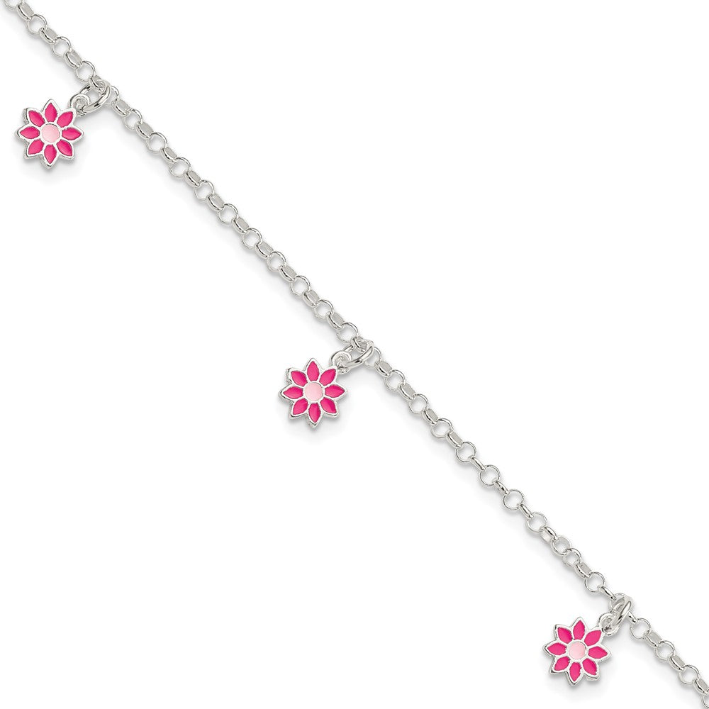 Sterling Silver Polished Pink Enameled Flowers Children's Bracelet (2.27 grams)