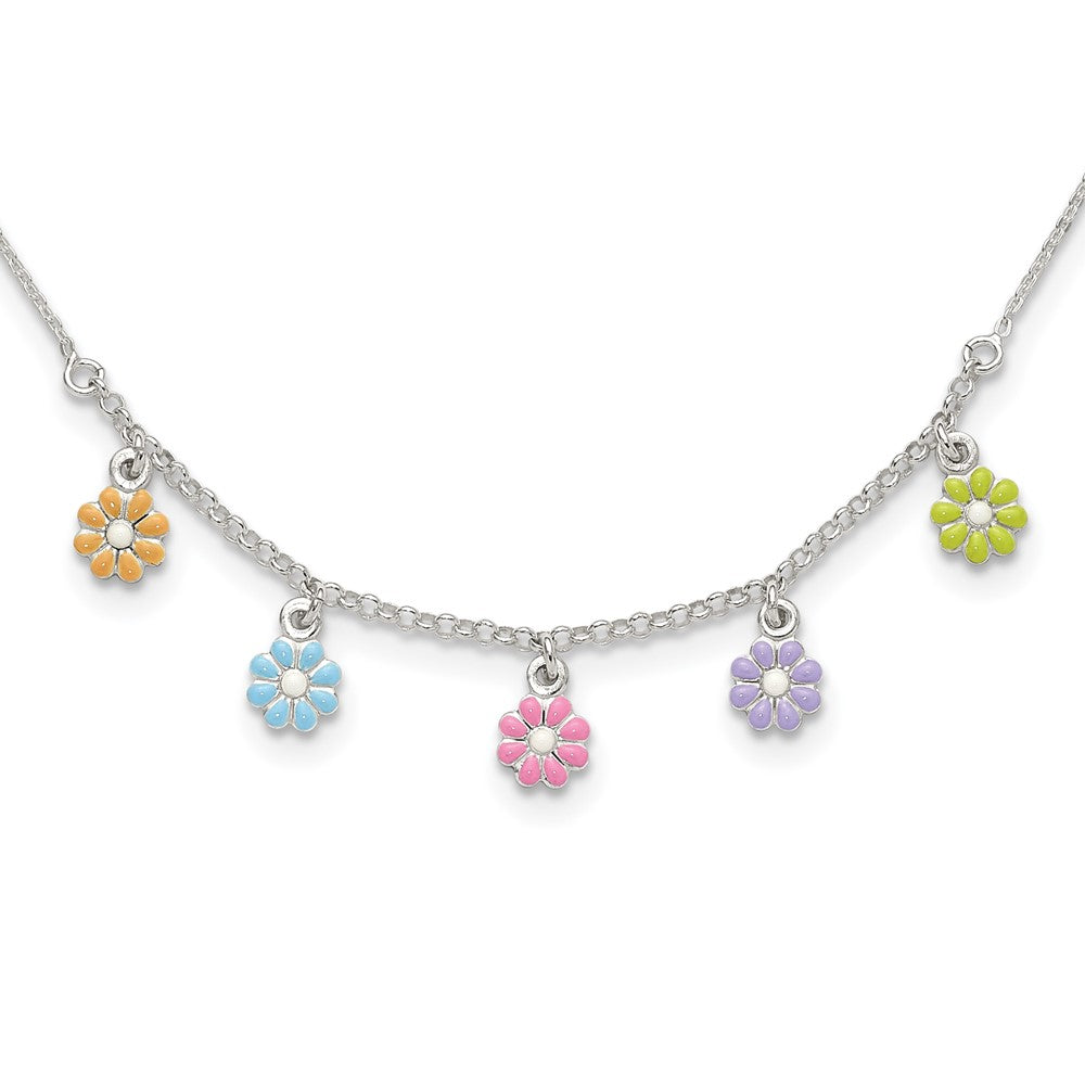 Sterling Silver Polished Multi-color Enameled Flowers Children's Necklace (3.58 grams)