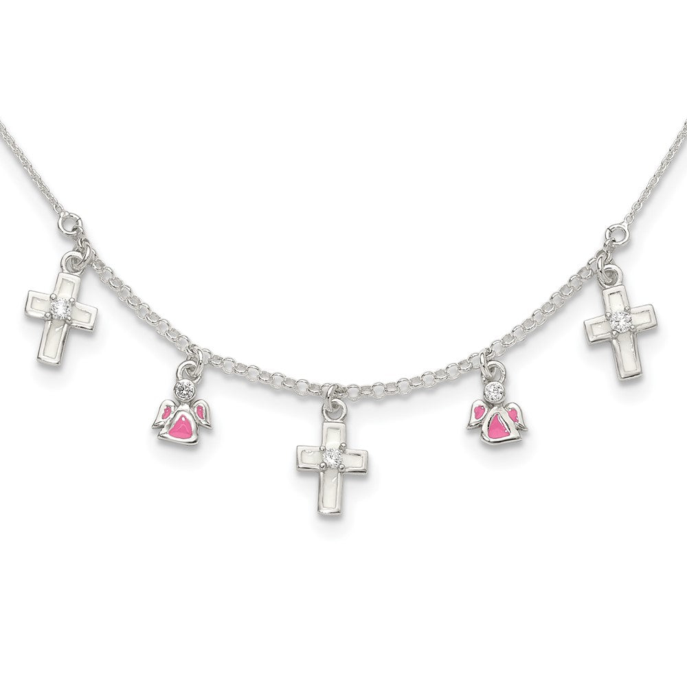 Sterling Silver Polished Enamel CZ Cross & Angels Children's Necklace (3.51 grams)