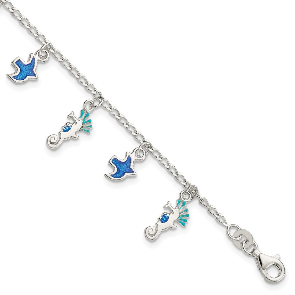 Sterling Silver Enameled Seahorse & Birds w/ 1in ext. Children's Bracelet (3.16 grams)