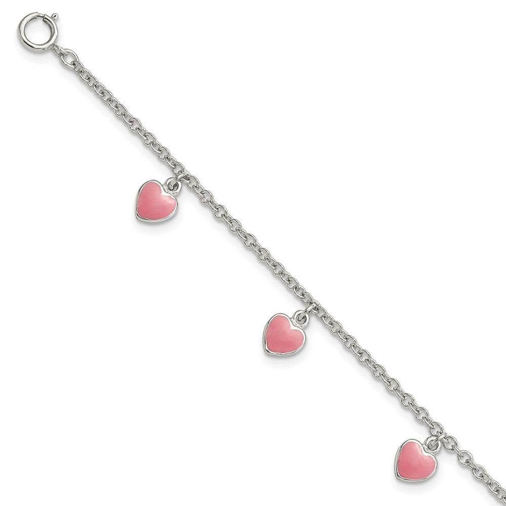 Sterling Silver Rhod-pltd Childs Enamel Hearts 5.5in w/.5in ext Bracelet (2.5 grams)