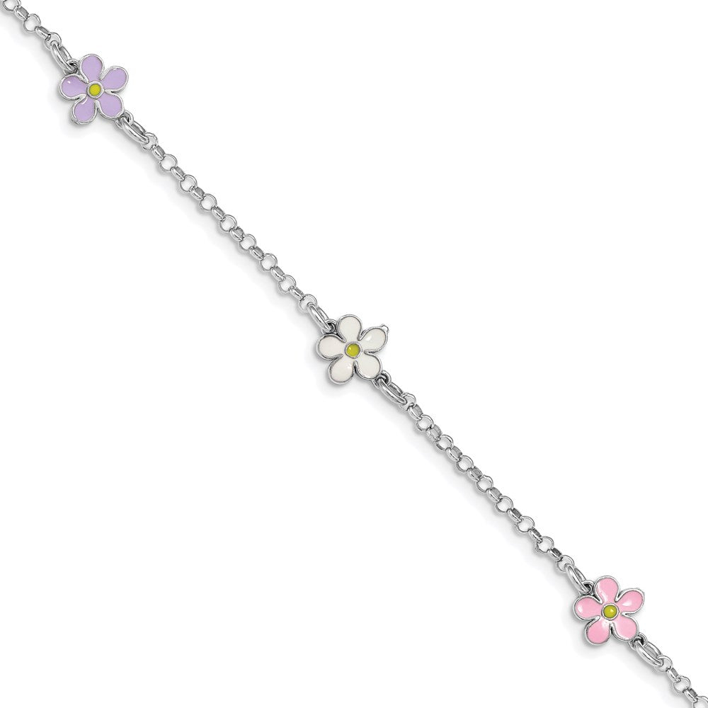 Sterling Silver RH-plated Enameled Flower w/ .75in Ext. Children's Bracelet (2.7 grams)