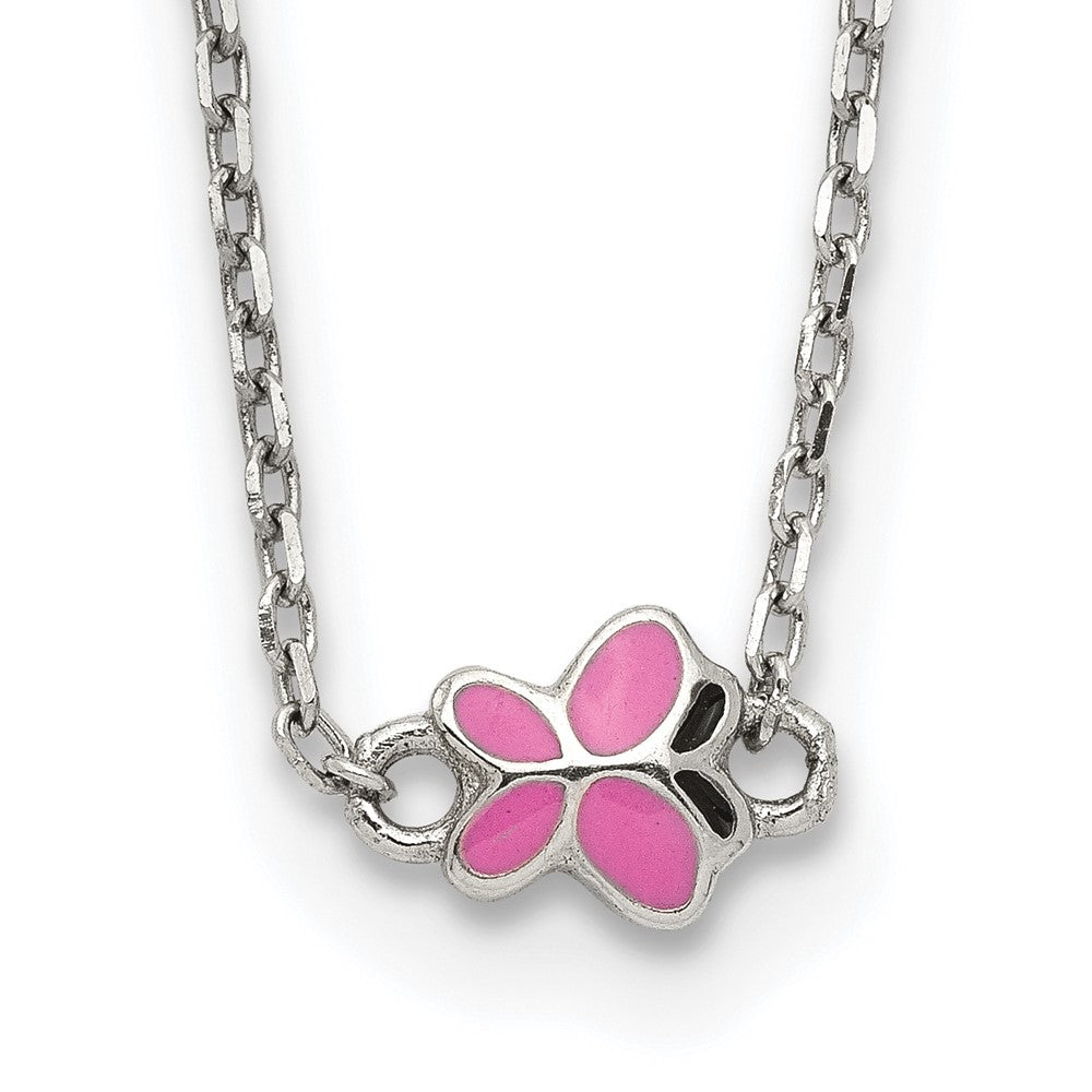 Sterling Silver RH-pltd Pink Enamel Butterfly w/2in ext Childs Necklace (1.34 grams)