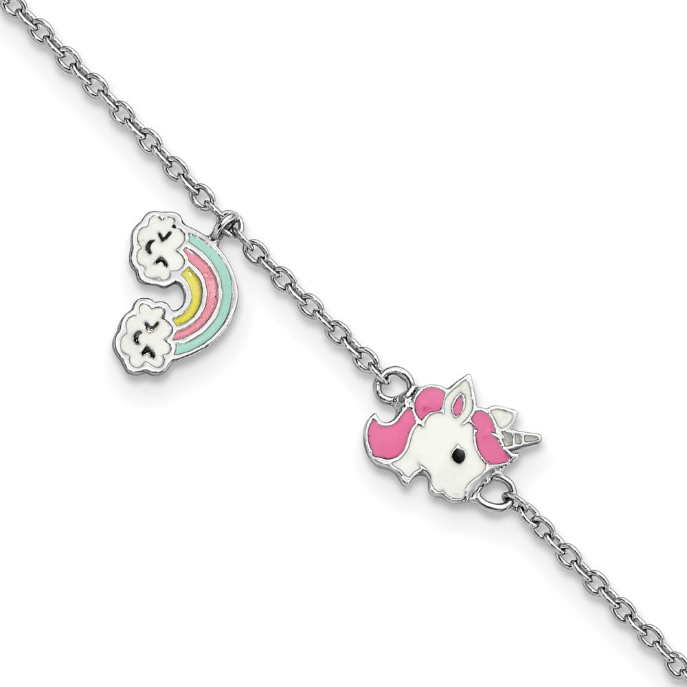 SS RH-plated Enameled Unicorn & Rainbow w/ 1in Ext. Children's Bracelet (1.44 grams)