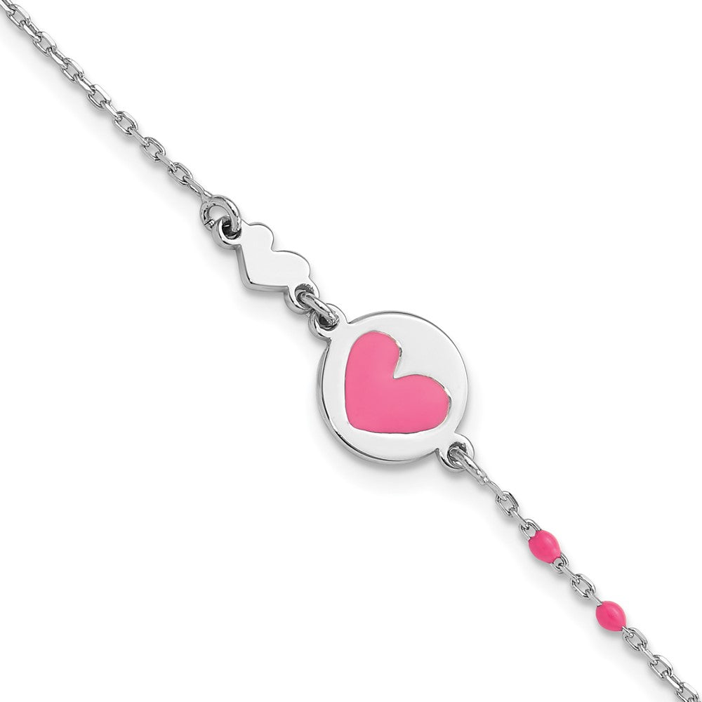 Sterling Silver Polished Pink Enamel Heart Children's 6in Bracelet (1.49 grams)