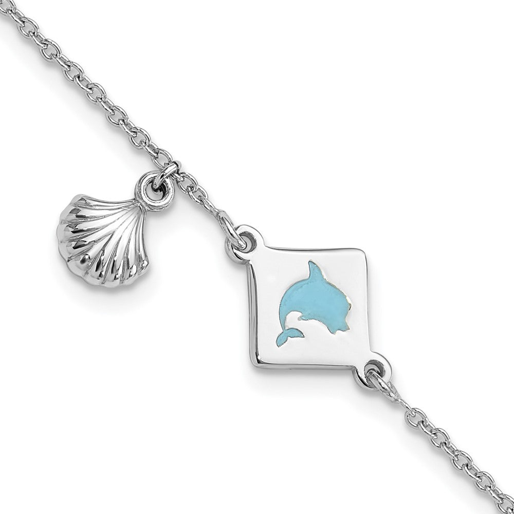 Sterling Silver Polished Enameled Dolphin Seashell Children's 6in Bracelet (1.66 grams)