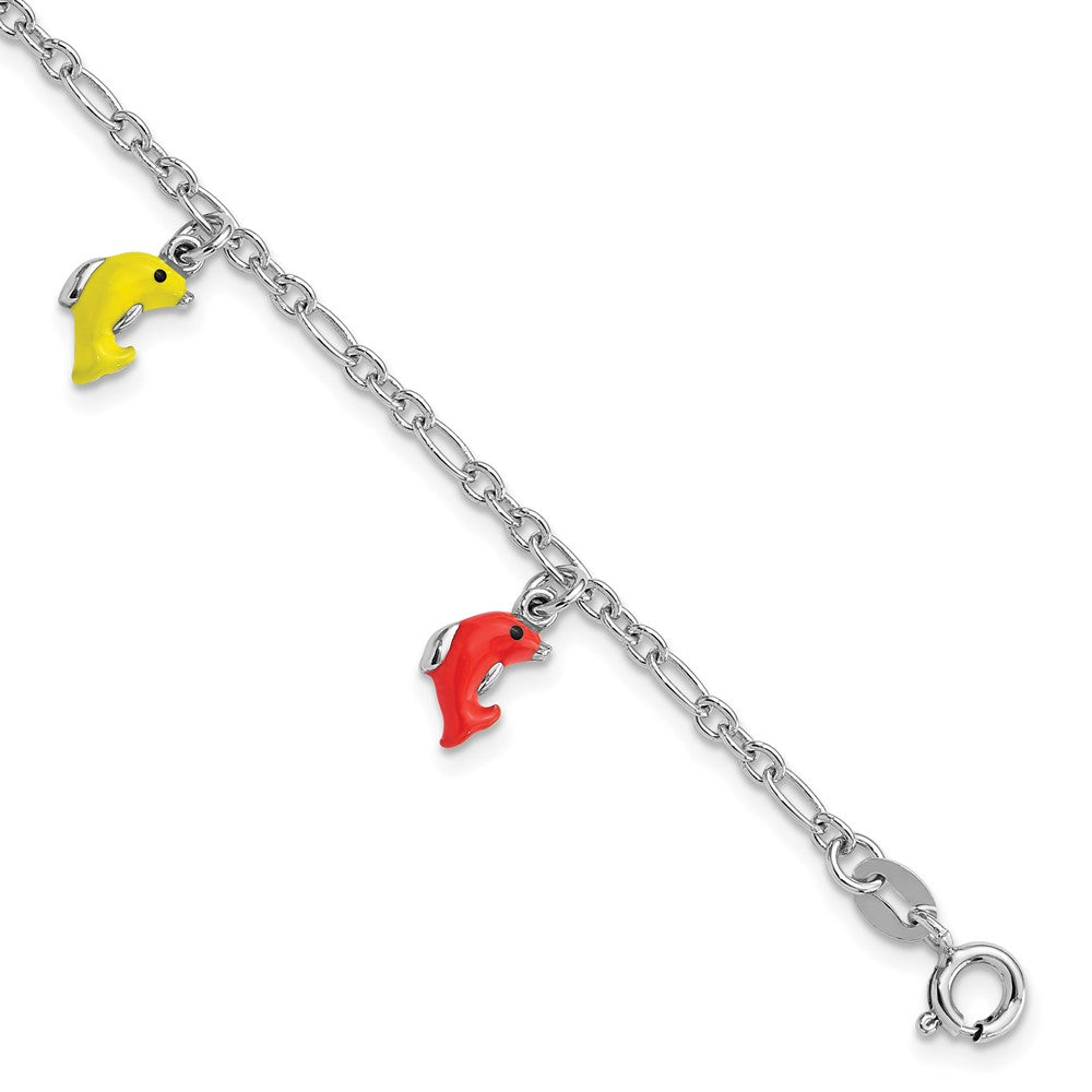 Sterling Silver Polished & Enameled Dolphins Children's 6in Bracelet (2.91 grams)