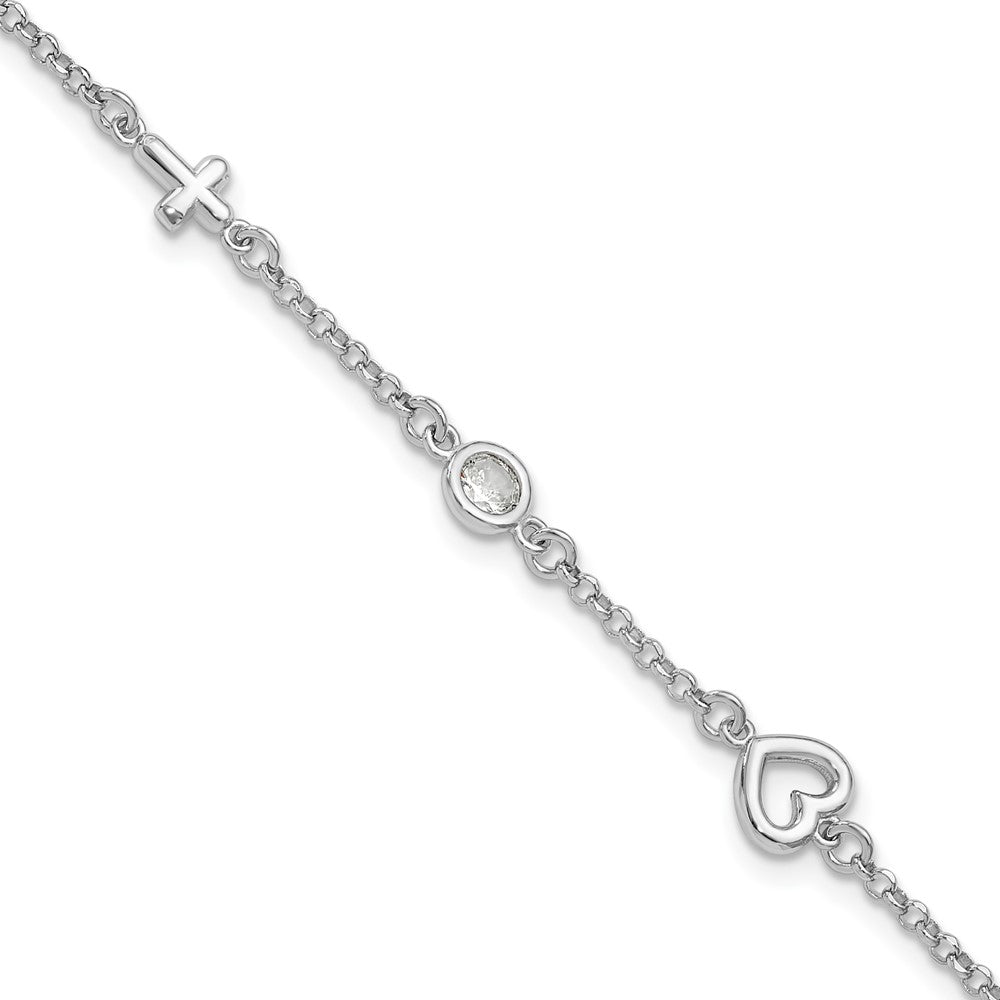 Sterling Silver RH-plated CZ Heart & Cross w/1in Ext. Children's Bracelet (2.4 grams)