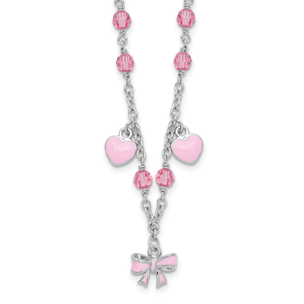 SS Rh-plated Crystal & Pink Enamel Heart w/ 1in ext Children's Necklace (5.56 grams)