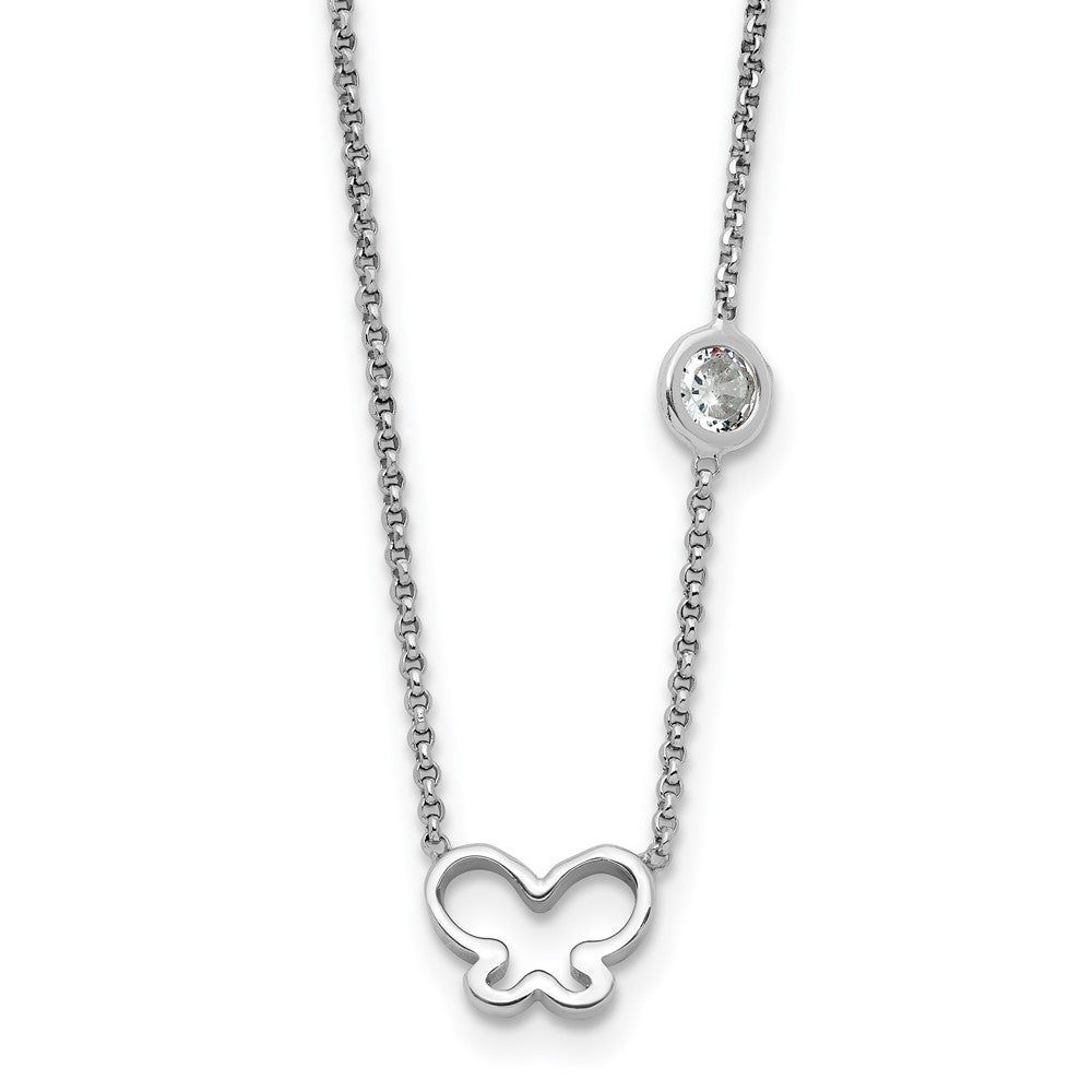 Sterling Silver Rhod-plated CZ & Butterfly w/ 2in Ext. Children's Necklace (3.4 grams)