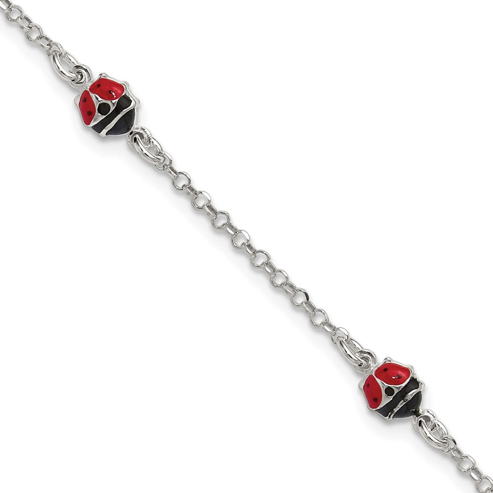 Sterling Silver Polished Enameled Ladybug 6in w/1in ext Children's Bracelet (1.99 grams)