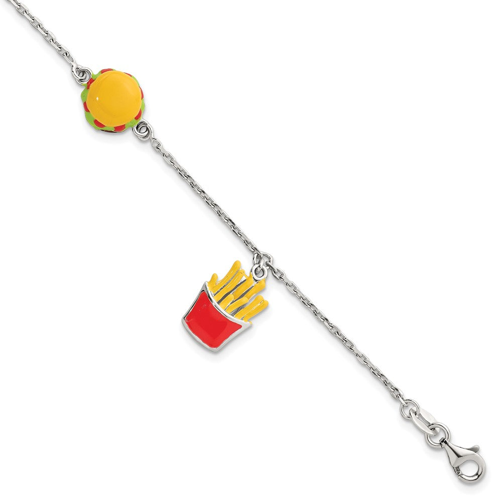 Sterling Silver Enameled Burger and Fries w/ 1in Ext Children's Bracelet (8.18 grams)