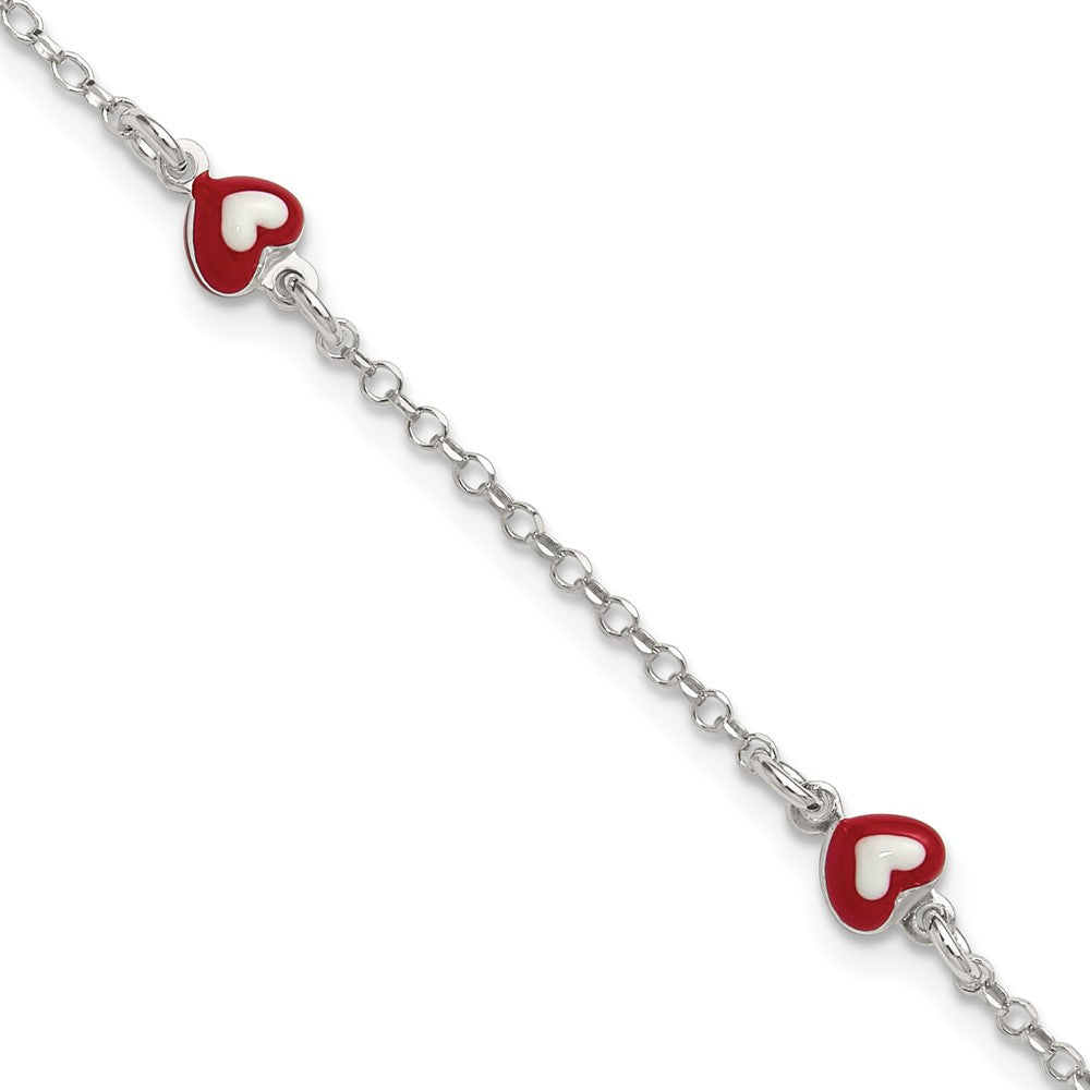 Sterling Silver Polished Enameled Heart 6in w/1in ext Children's Bracelet (1.86 grams)