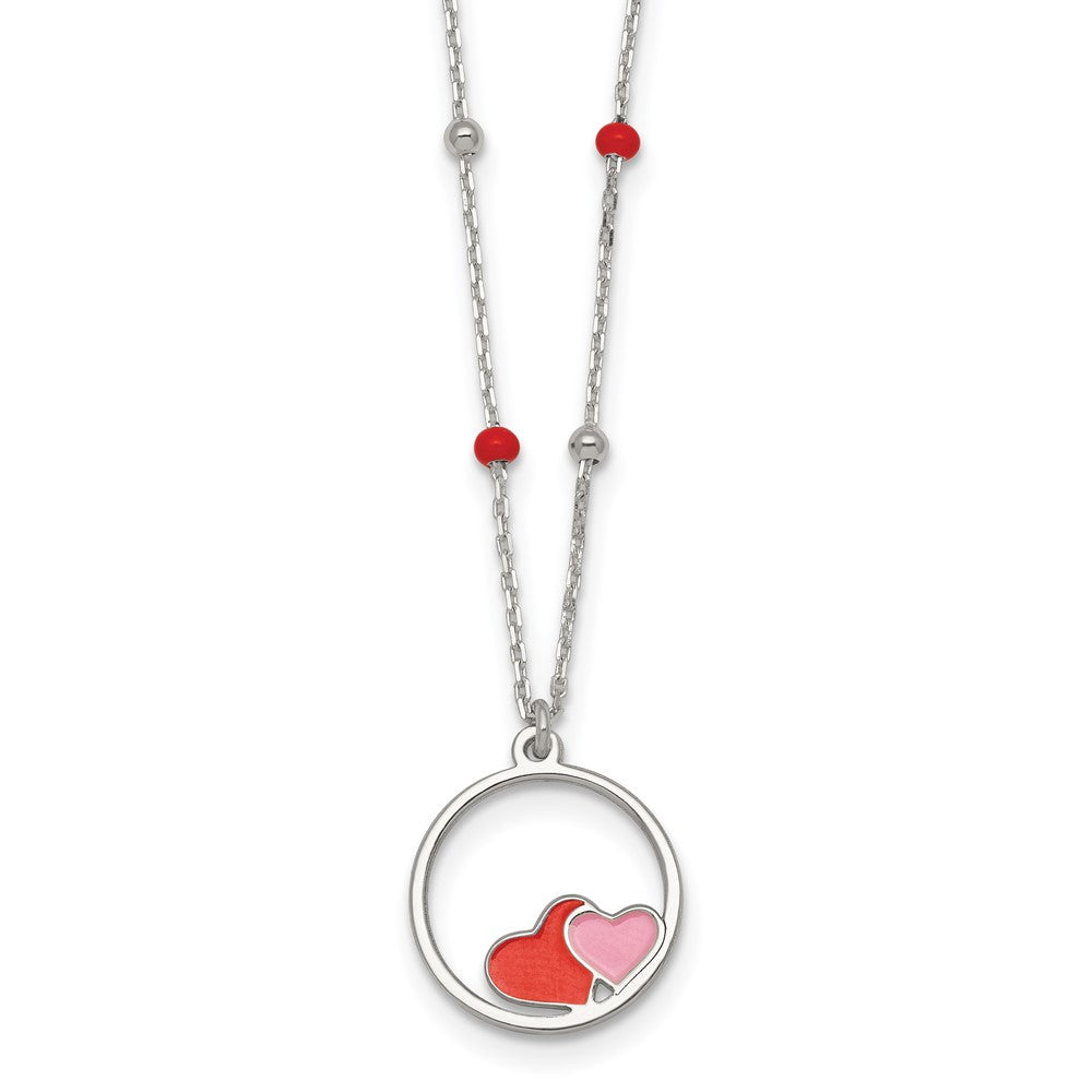 Sterling Silver Polished Beaded Enamel Hearts Circle Children's Necklace (1.78 grams)