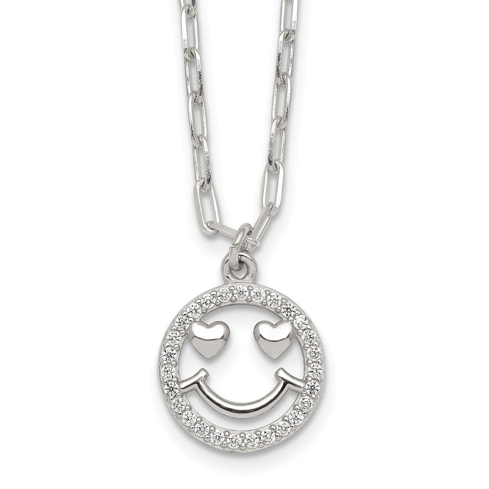 Sterling Silver Polished CZ Heart Eyes Smiley Face Necklace (4.47 grams)