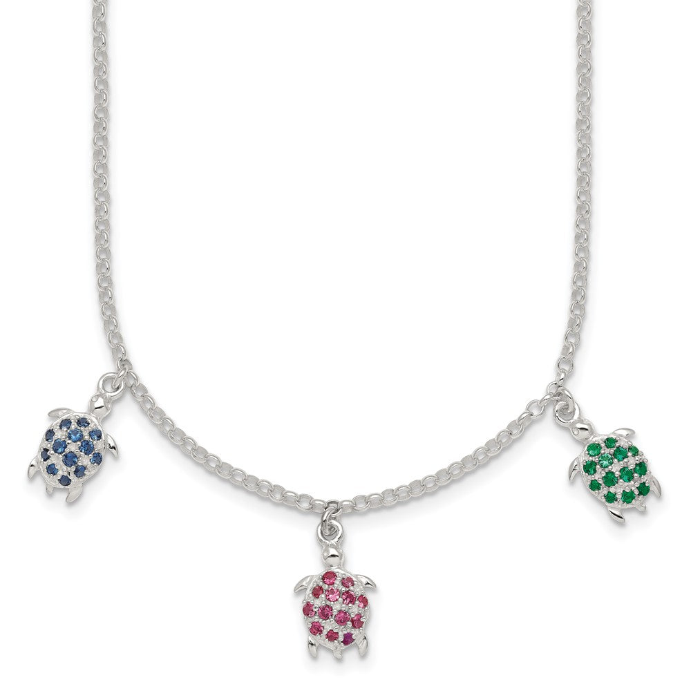 Sterling Silver Polished Green Red and Blue Nano Crystal Turtles Necklace (4.34 grams)