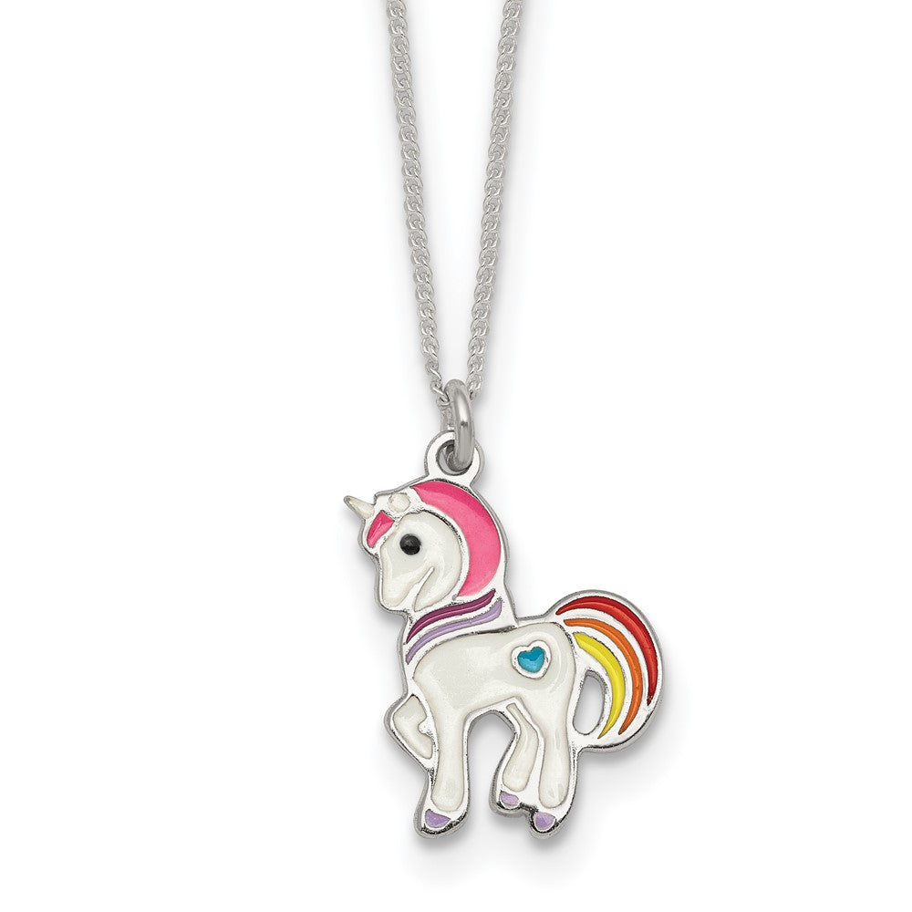 Sterling Silver Polished Enameled Unicorn Children's Necklace (1.56 grams)