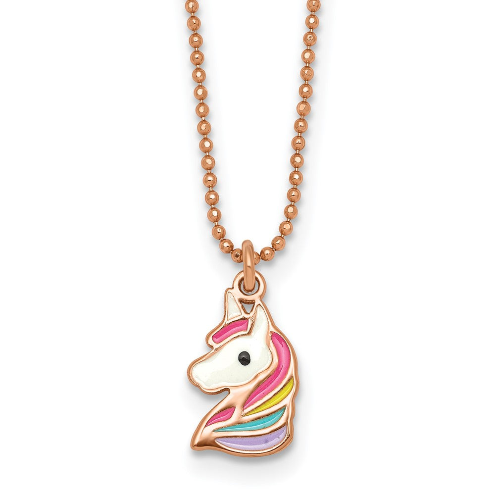 Sterling Silver Rose-tone Polished Enameled Unicorn Children's Necklace (1.72 grams)