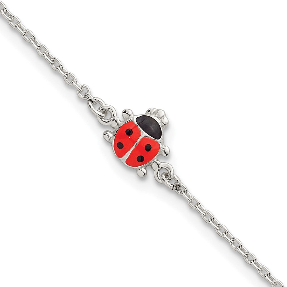 Sterling Silver Polished Enamel Lady Bug w/ 1in Ext Children's Bracelet (1.38 grams)