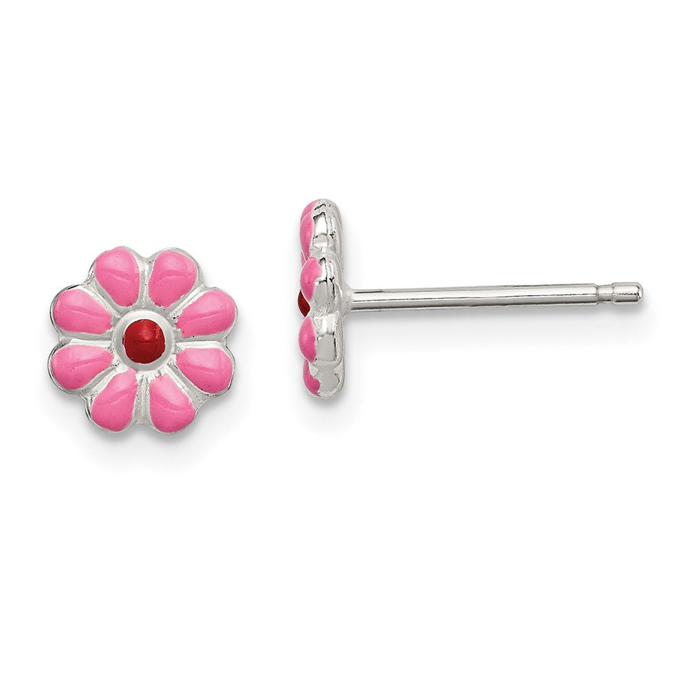 Sterling Silver Madi K Pink/Red Enamel Flower Children's Post Earrings (1 grams)