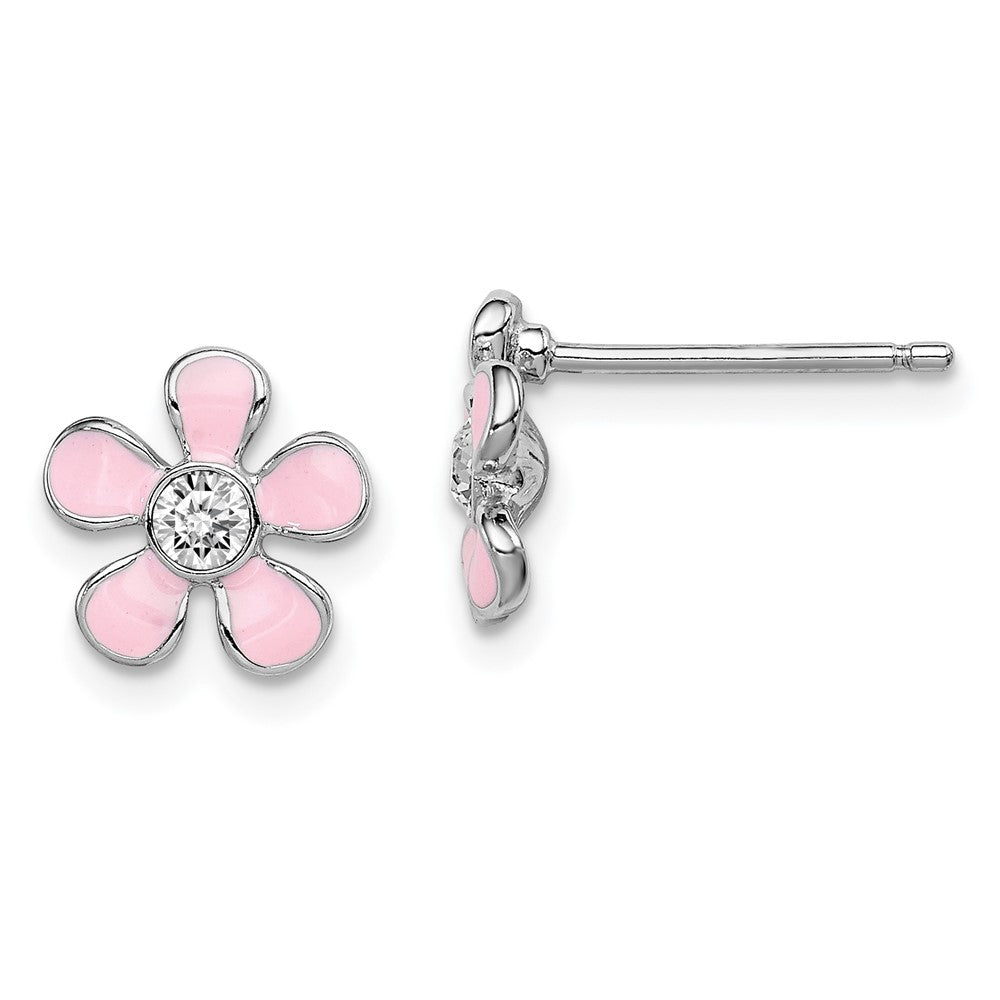 Sterling Silver RH-plated Madi K Pink Enamel/Crystal Flower Post Earrings (1.37 grams)