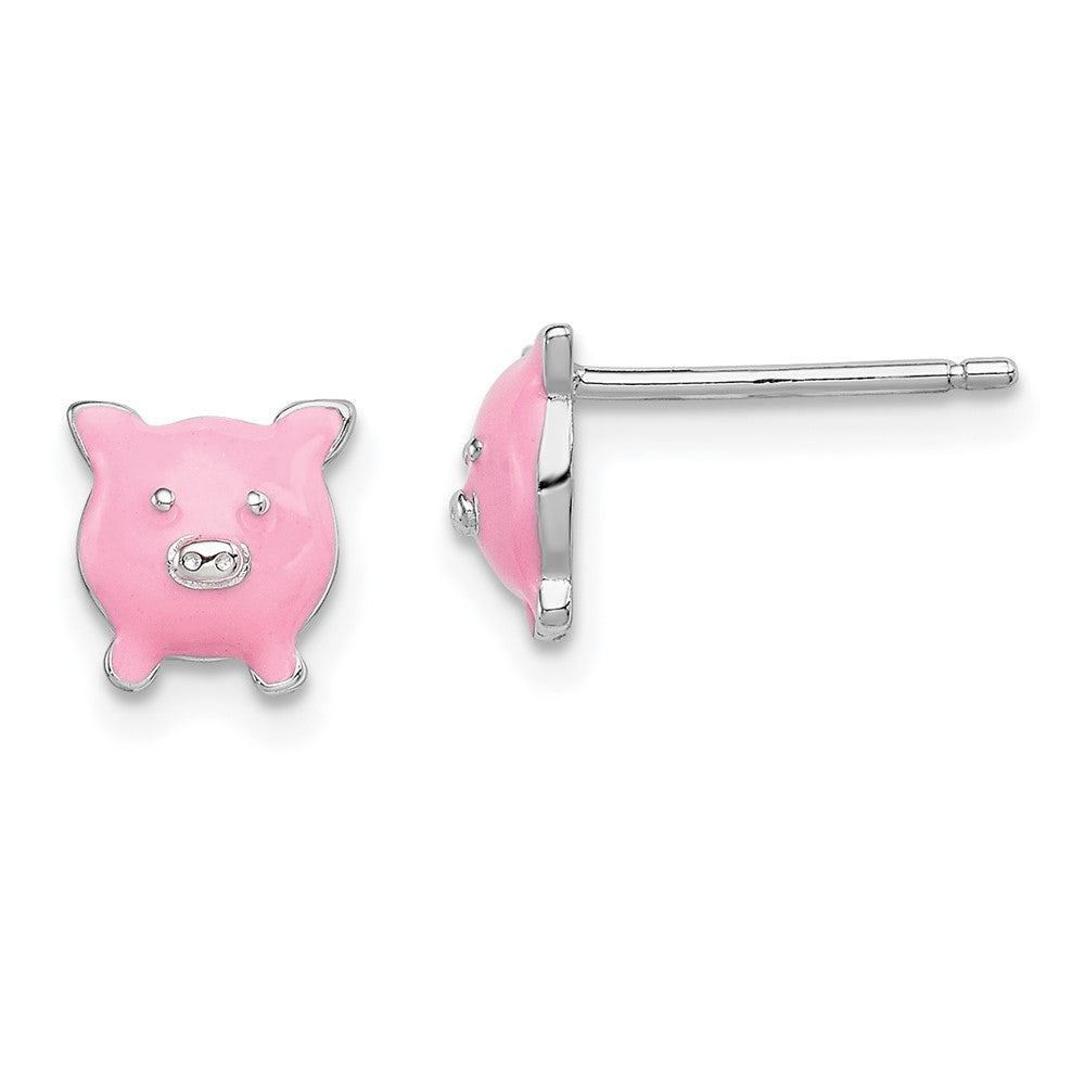 Sterling Silver Madi K RH-plated Enamel Pig Child's Post Earrings (1.19 grams)