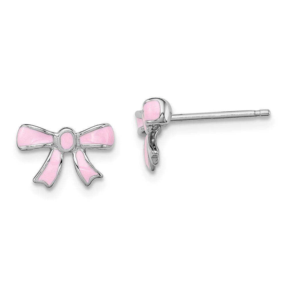 Sterling Silver Madi K RH-plated Pink Enamel Bow Children's Post Earrings (1.11 grams)