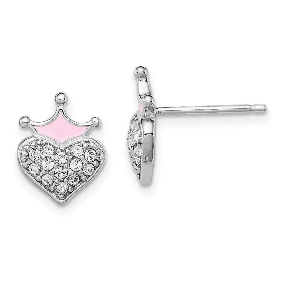 Sterling Silver Madi K RH-plated Enamel & Crystal Crown Heart Earrings (1.67 grams)