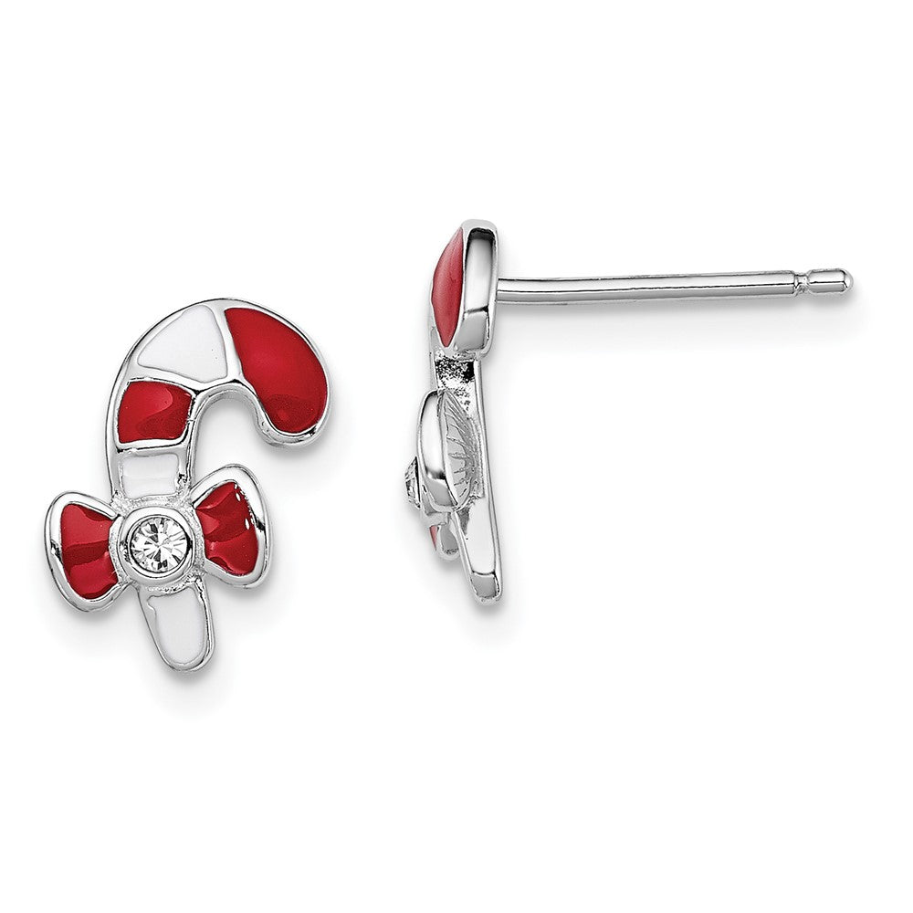 Sterling Silver RH-plated Madi K Enamel & Crystal Candy Cane Earrings (1.31 grams)