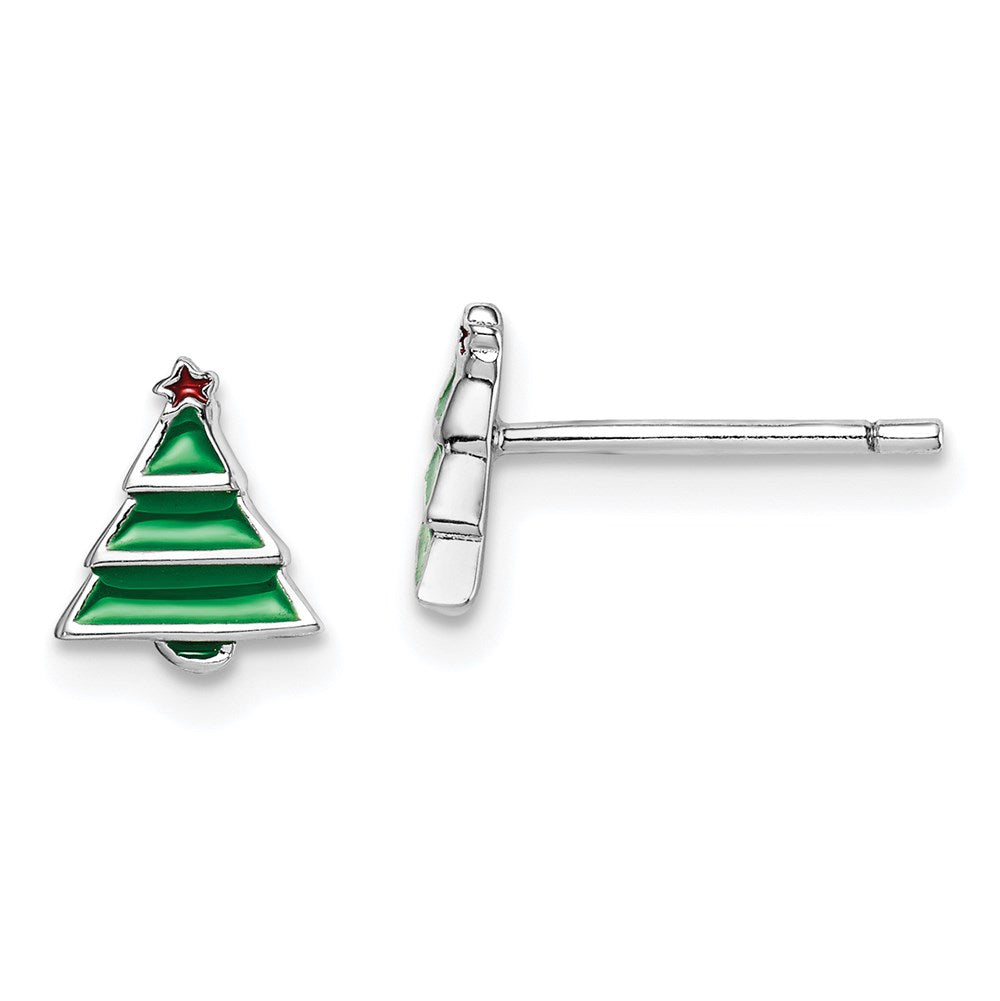 Sterling Silver Madi K RH-plated Enamel Christmas Tree Post Earrings (0.85 grams)