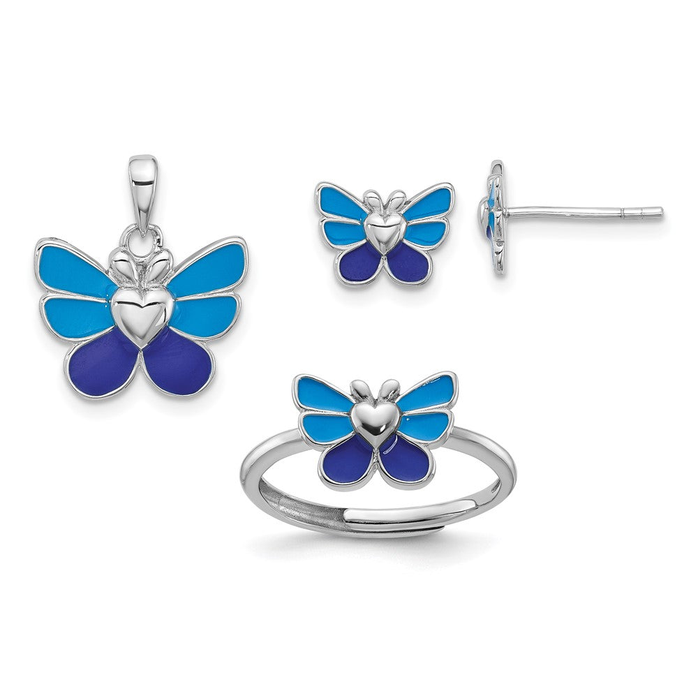 Sterling Silver RH-plated Butterfly Children's Earring, Ring & Pendant Set (2.93 grams)