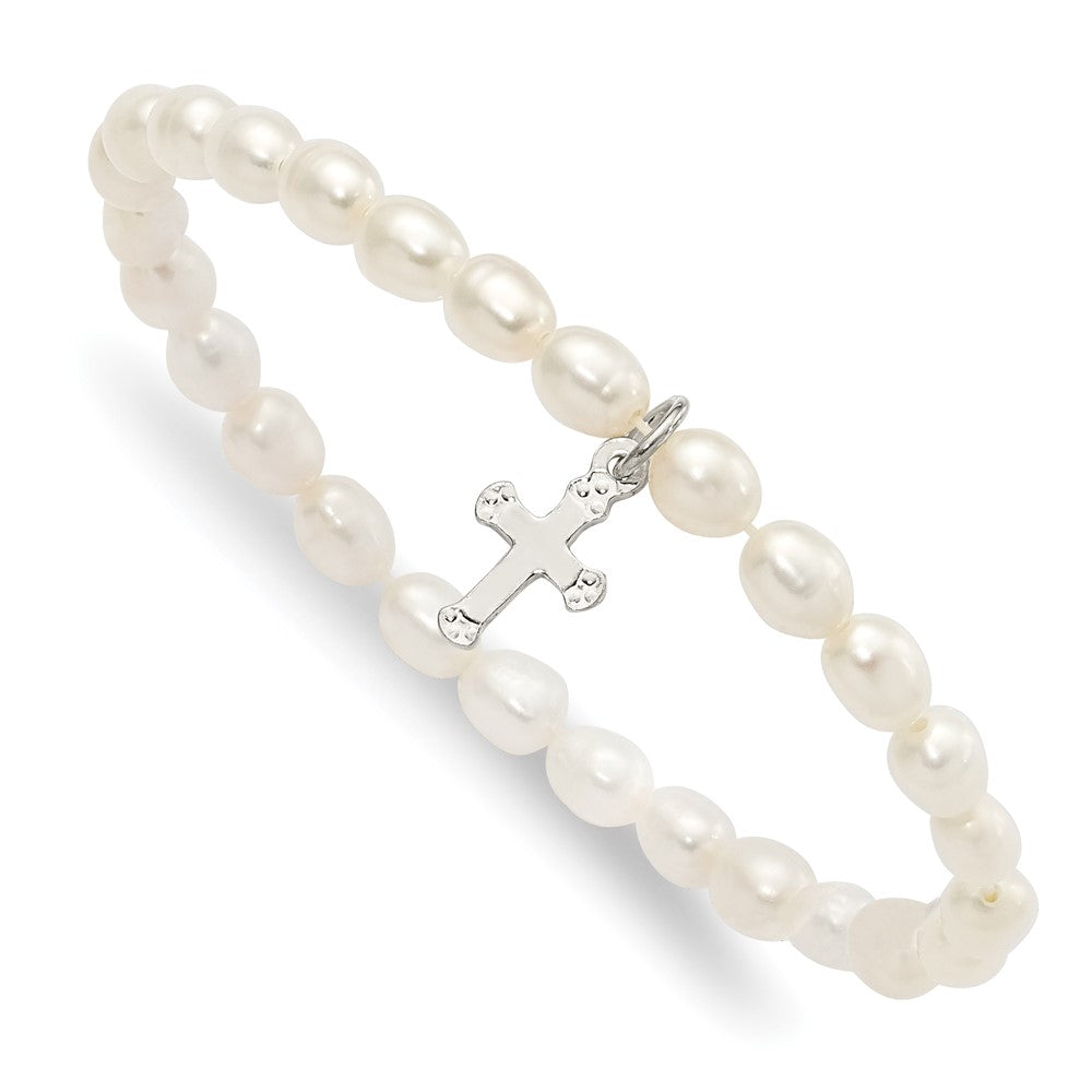 Sterling Silver Polished FWC Pearl & Cross Children's Stretch Bracelet (0.31 grams)