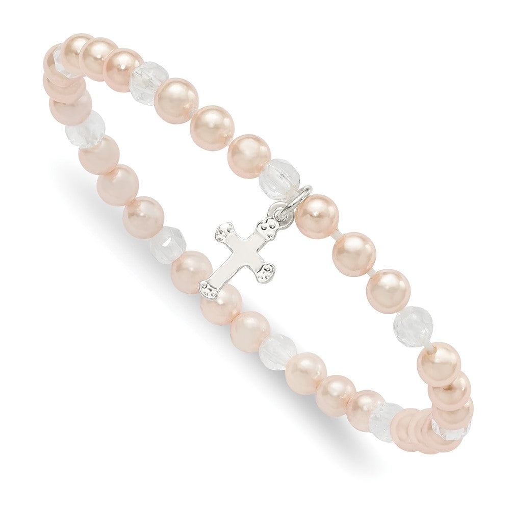 Sterling Silver Pink Shell Bead & Crystal Cross Children's Stretch Bracelet (0.31 grams)