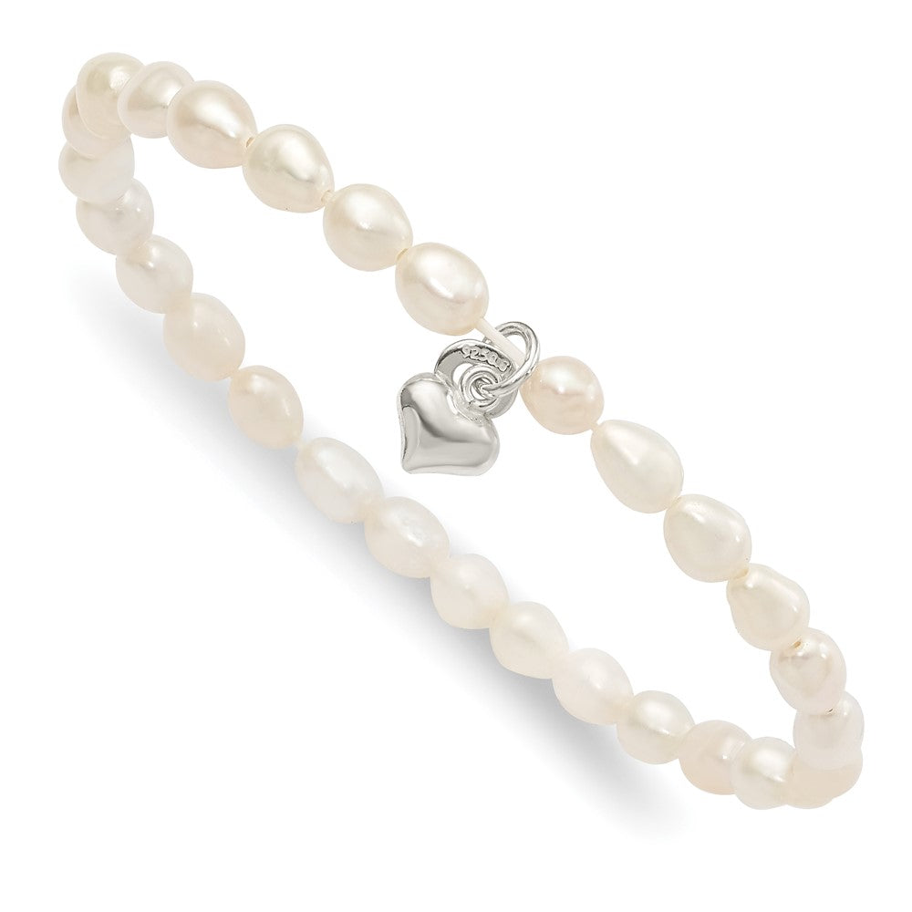 Sterling Silver Polished FWC Pearl & Heart Children's Stretch Bracelet (0.2 grams)