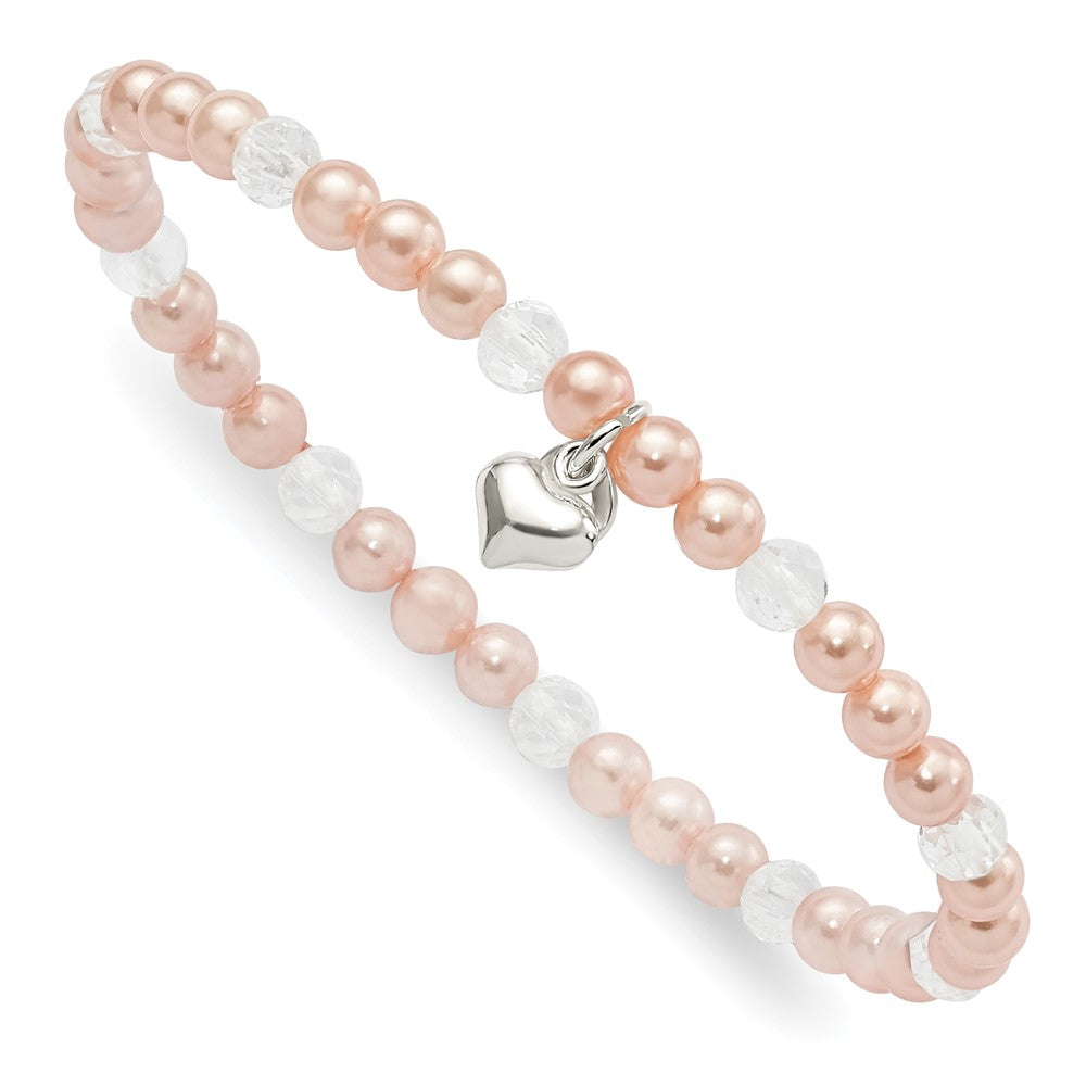 Sterling Silver Pink Shell Bead, Crystal & Heart Children's Stretch Bracele (0.2 grams)