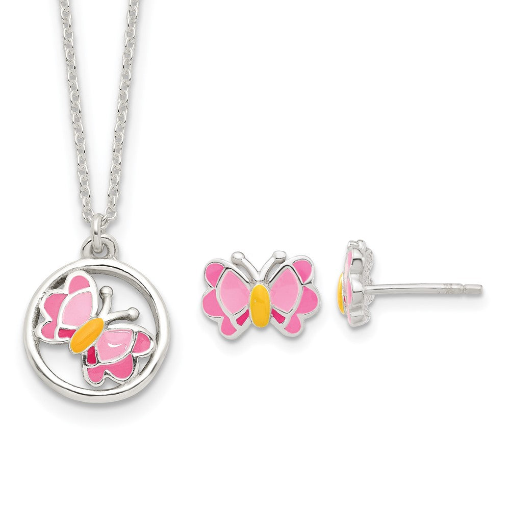 Sterling Silver Polished Enameled Butterfly Earrings & Necklace Set (3.73 grams)